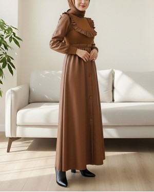 Leather Dress with Frilled Front Knitwear Detail -Snuff