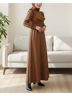 Leather Dress with Frilled Front Knitwear Detail -Snuff