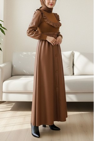 Leather Dress with Frilled Front Knitwear Detail -Snuff