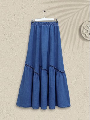 Beli Lastikli Parça Kumaş Kot Etek -İndigo