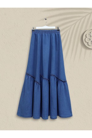 Beli Lastikli Parça Kumaş Kot Etek -İndigo