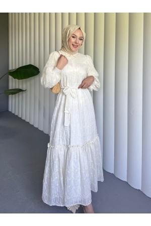 Yarım Düğmeli Beli Bağlamalı Astarlı Güpür İşlemeli Pamuk Elbise -Ekru