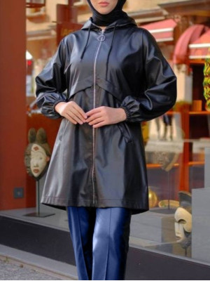 قبعة جلدية مقنعين مع جيوب -أسود