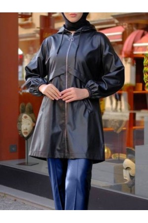 Kapşonlu Cepli Deri Kap -Siyah