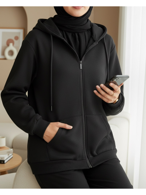 Hooded Zippered Pocketed Combed Cotton Sweater -Black