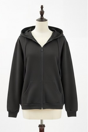 Kapşonlu Fermuarlı Cepli Penye Sweat -Siyah