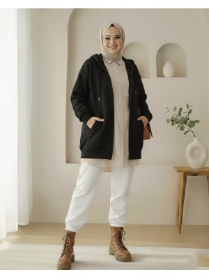 Hooded Pocket Zippered Raised Sweater -Black