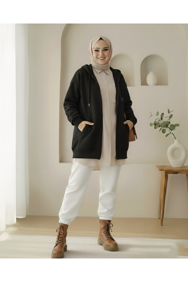سترة مرتفعة بغطاء رأس وسحاب وجيب -أسود