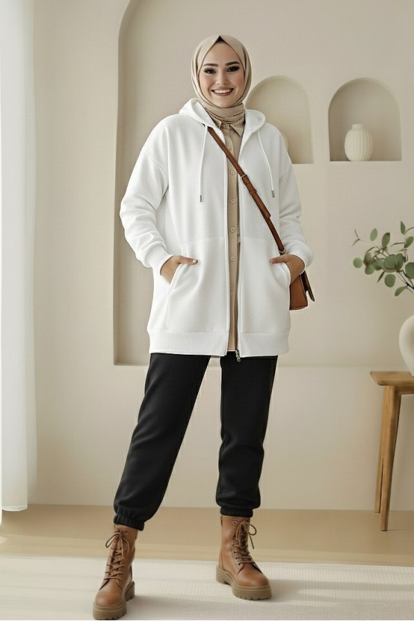 Hooded Pocket Zippered Raised Sweater  -White