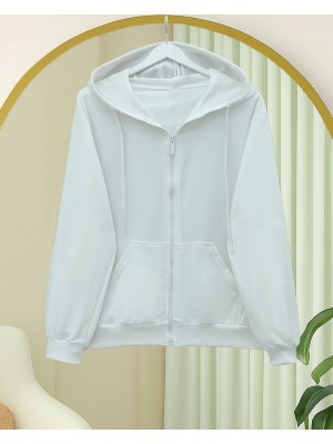 Hooded Zippered Pocketed Combed Cotton Sweater  -White