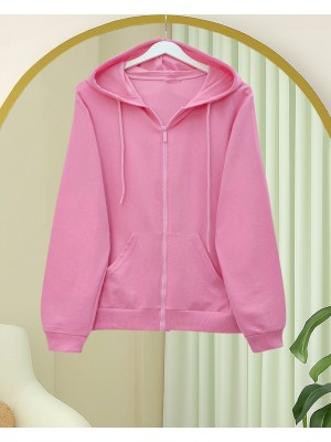 Kapşonlu Fermuarlı Cepli Penye Sweat  -Pembe