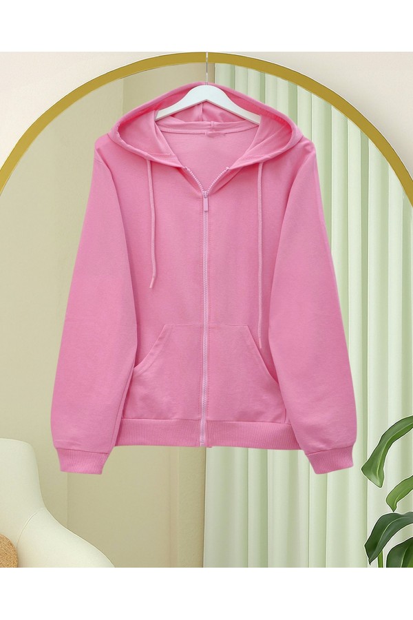 Kapşonlu Fermuarlı Cepli Penye Sweat  -Pembe