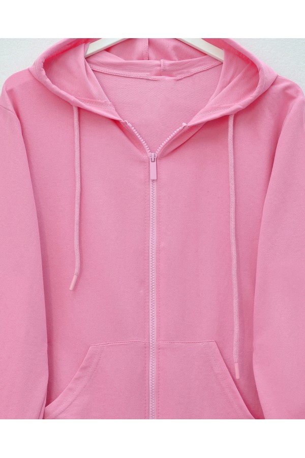 Kapşonlu Fermuarlı Cepli Penye Sweat  -Pembe