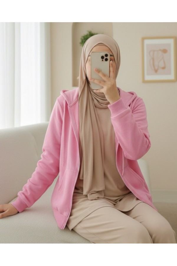 Kapşonlu Fermuarlı Cepli Penye Sweat  -Pembe