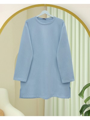 Yuvarlak Yaka Yırtmaçlı Salaş Penye Tunik -Bebe Mavi