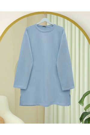 Round Neck Slit Loose Combed Cotton Tunic -Baby Blue