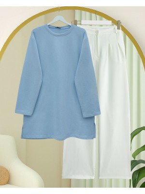 Yuvarlak Yaka Yırtmaçlı Salaş Penye Tunik -Bebe Mavi