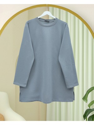 Yuvarlak Yaka Yırtmaçlı Salaş Penye Tunik -Gri