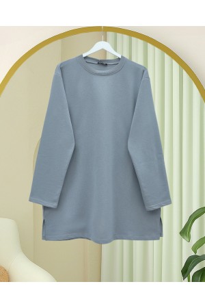 Round Neck Slit Loose Combed Cotton Tunic -Grey