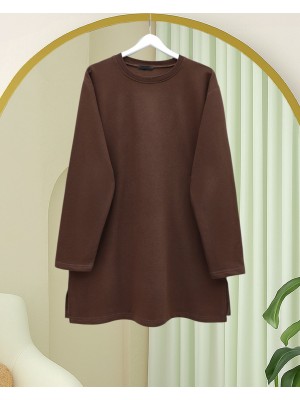 Round Neck Slit Loose Combed Cotton Tunic -Brown
