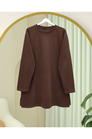 Round Neck Slit Loose Combed Cotton Tunic -Brown