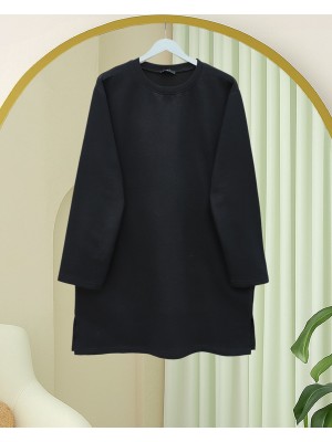 Round Neck Slit Loose Combed Cotton Tunic -Black