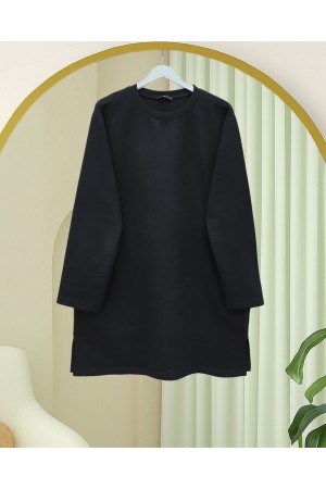 Yuvarlak Yaka Yırtmaçlı Salaş Penye Tunik -Siyah