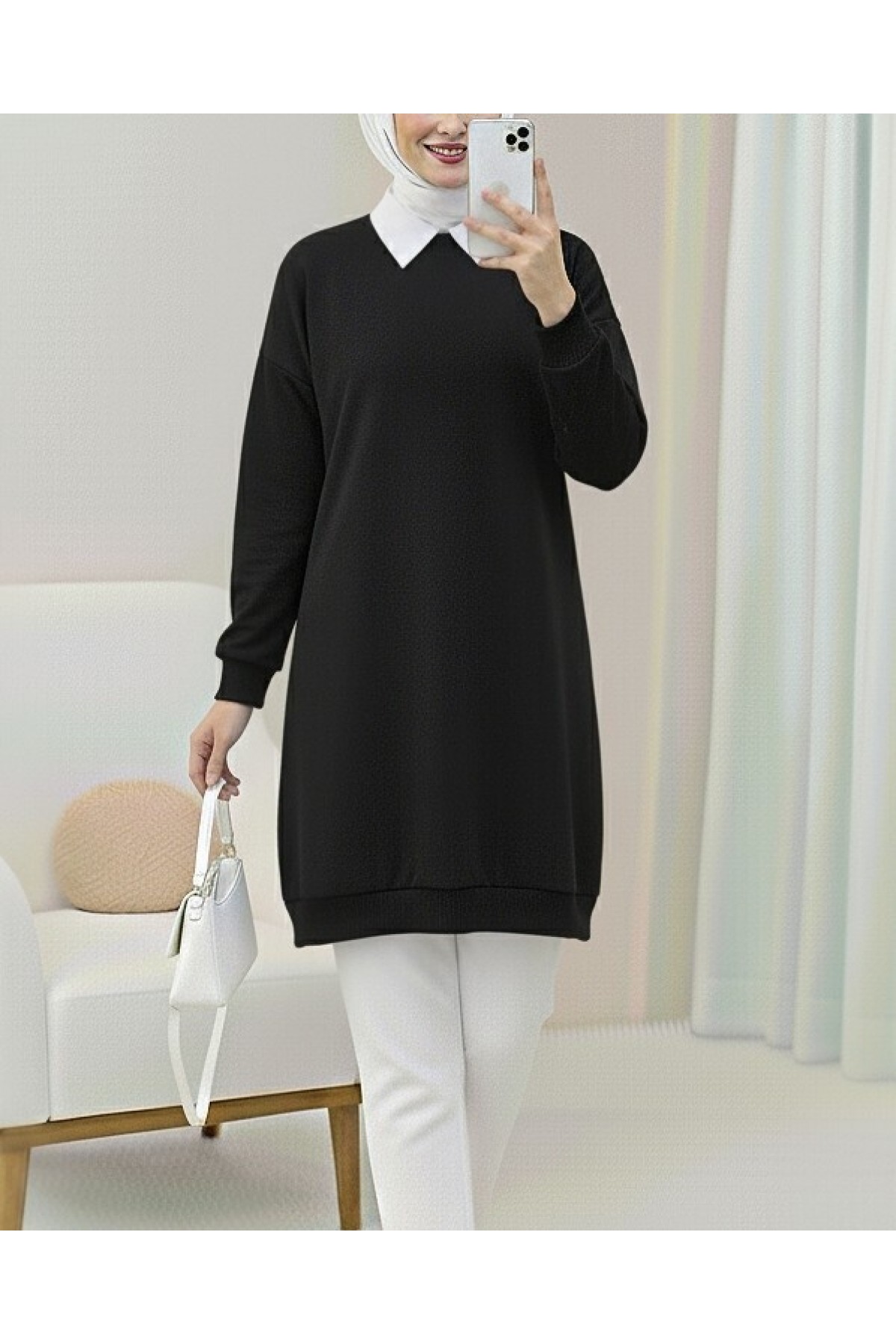 Crew Neck Slit Combed Cotton Sweater -Black