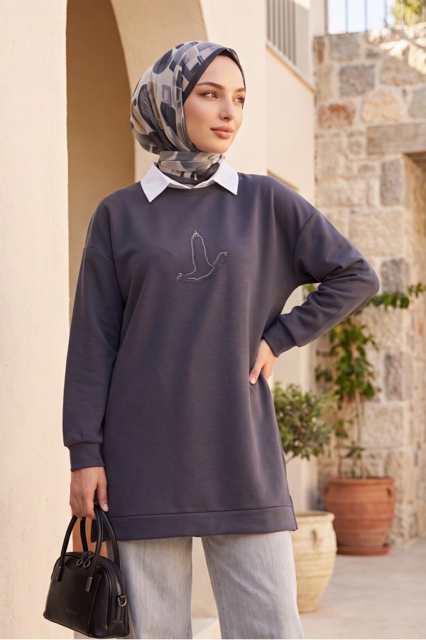Kuş Desenli Taşlı Oysho Tunik  -Füme