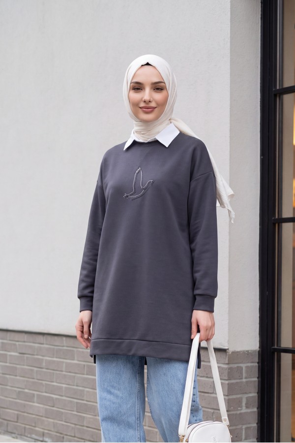 Kuş Desenli Taşlı Oysho Tunik  -Füme