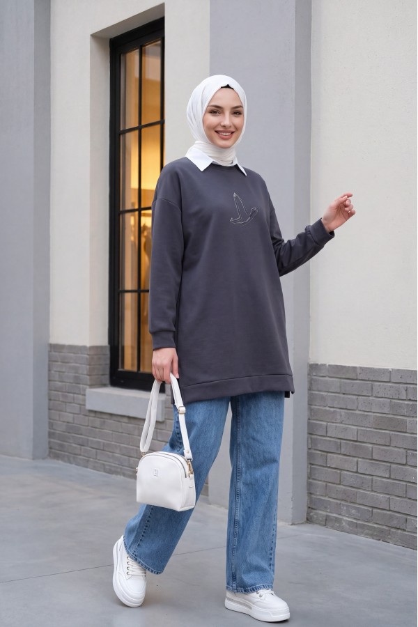 Kuş Desenli Taşlı Oysho Tunik  -Füme