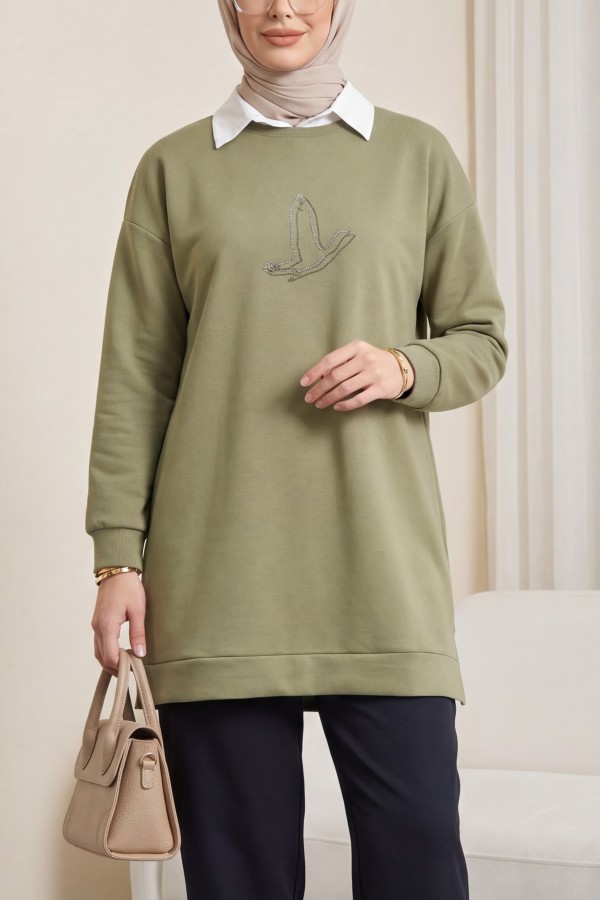Kuş Desenli Taşlı Oysho Tunik  -Haki