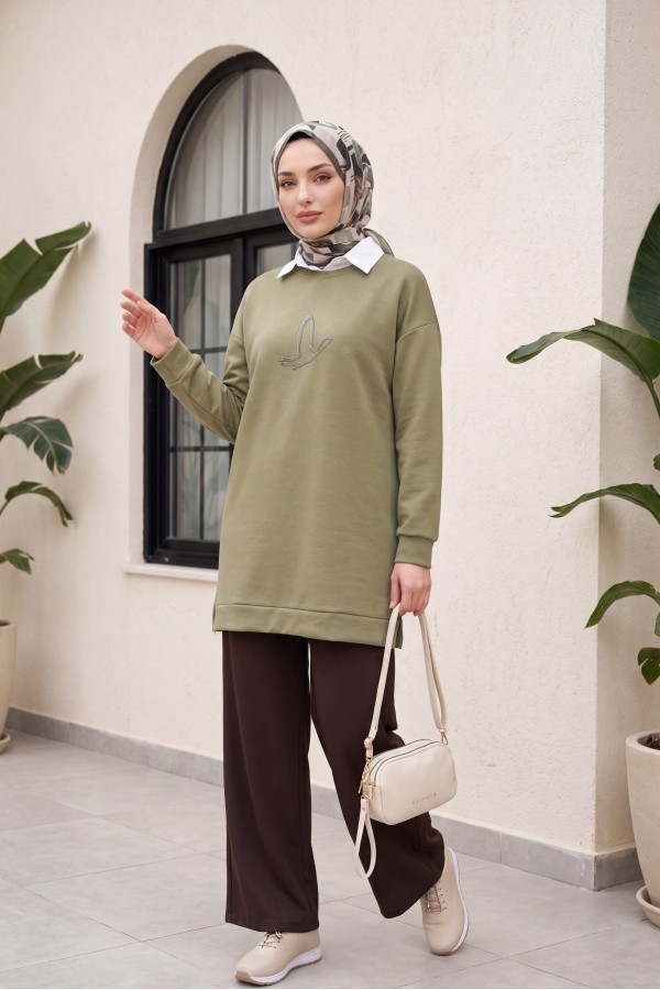 Bird Patterned Stoned Oysho Tunic -Khaki
