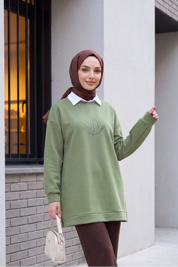 Kuş Desenli Taşlı Oysho Tunik  -Haki