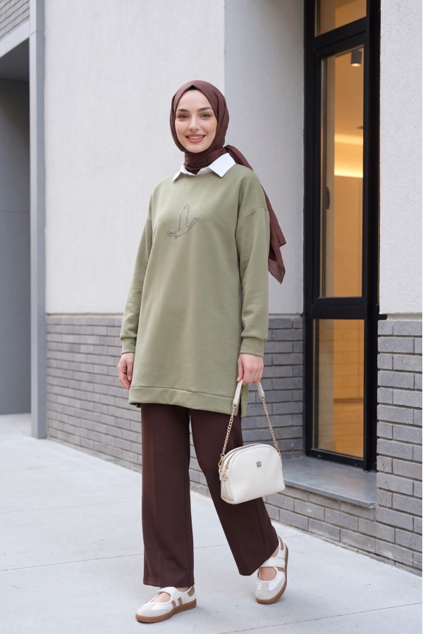 Kuş Desenli Taşlı Oysho Tunik  -Haki