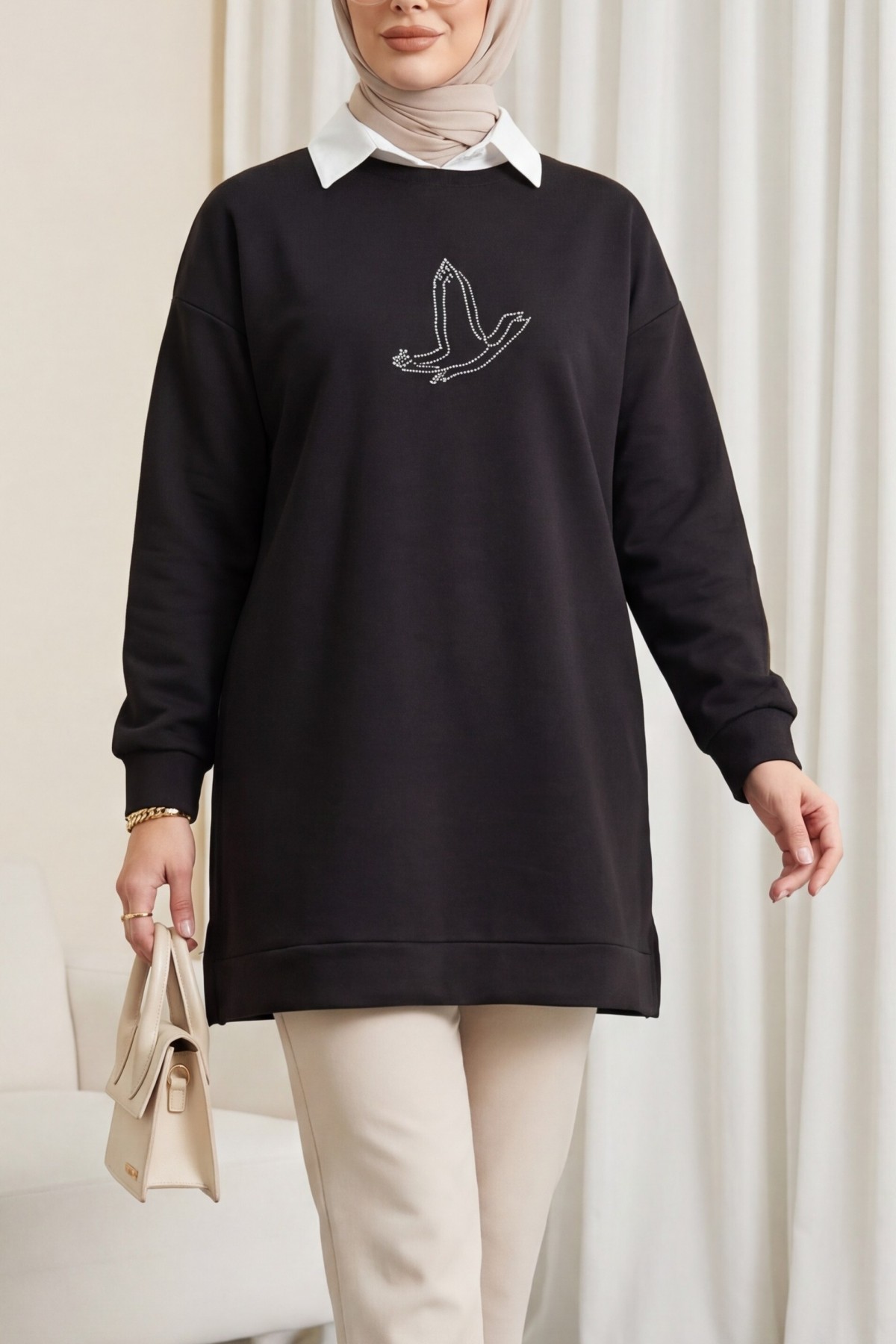 Bird Patterned Stoned Oysho Tunic -Black