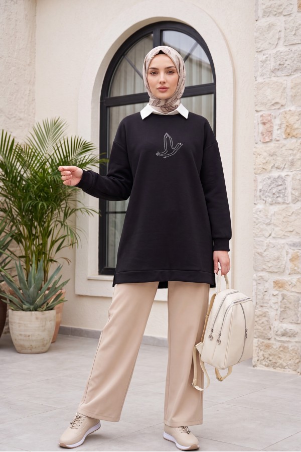 Kuş Desenli Taşlı Oysho Tunik  -Siyah