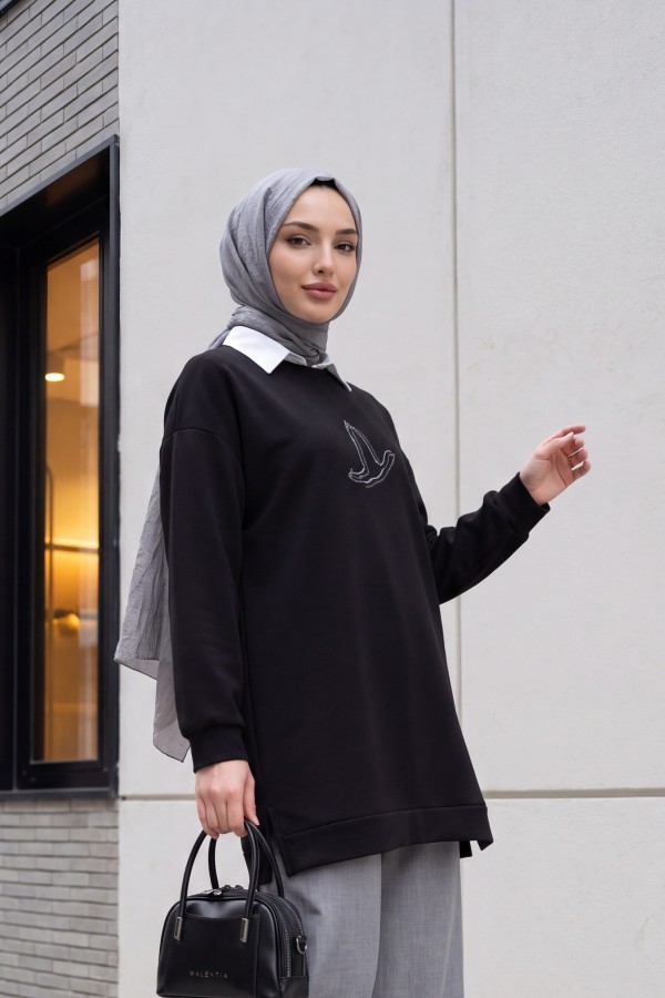 Kuş Desenli Taşlı Oysho Tunik  -Siyah