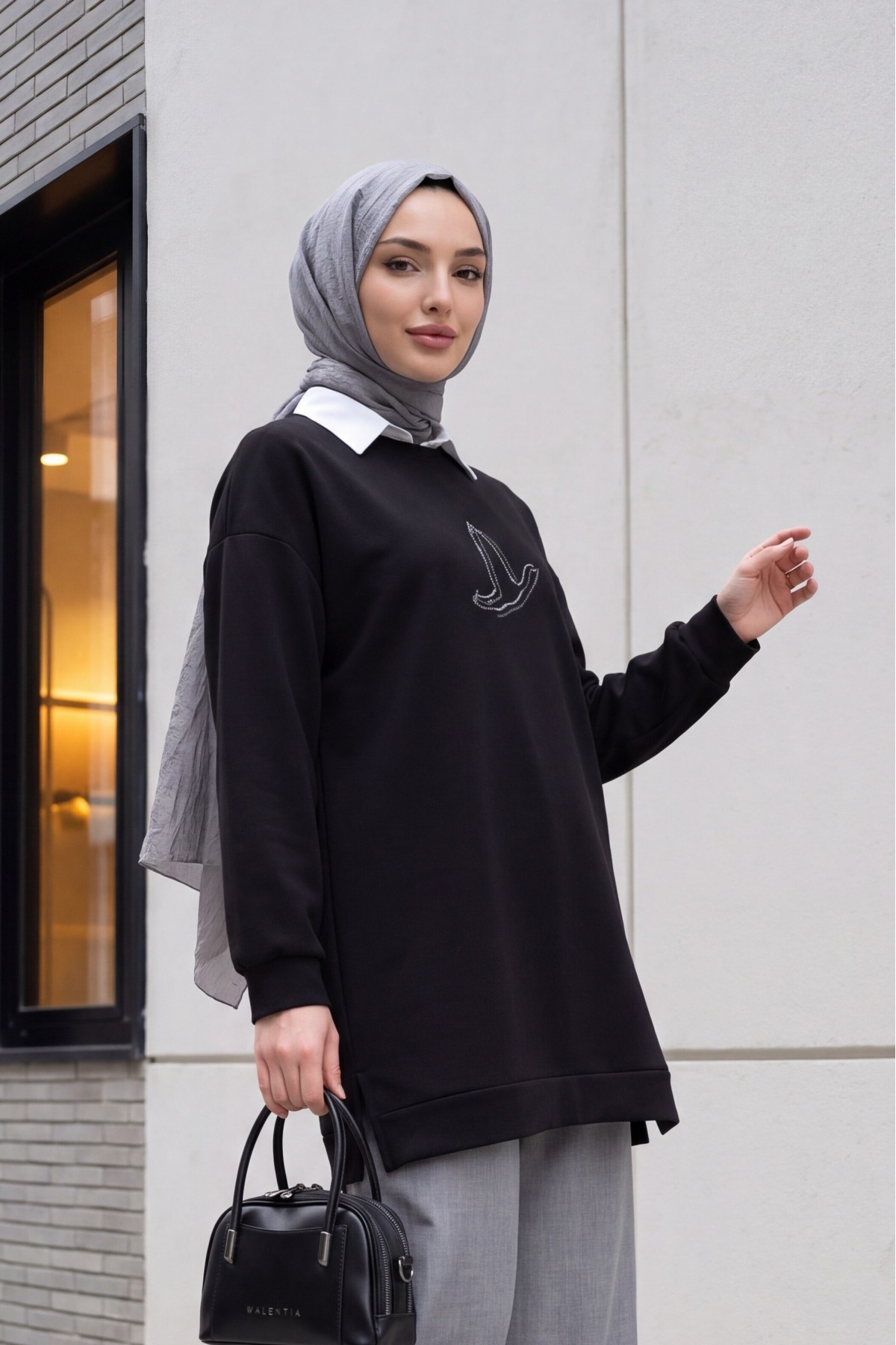 Bird Patterned Stoned Oysho Tunic -Black