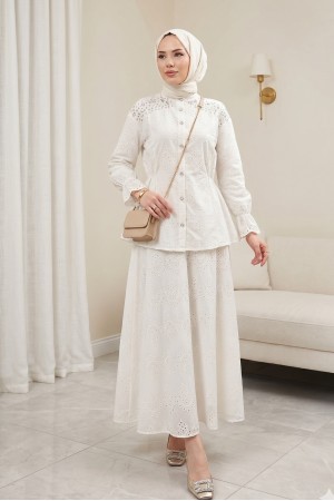 Belden Sıkmalı Omuzu Taş Detaylı Fistolu Takım -Beyaz