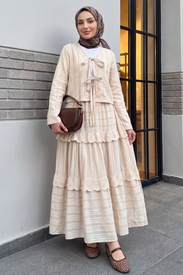 Front Tied Scallop Skirted Suit - Beige
