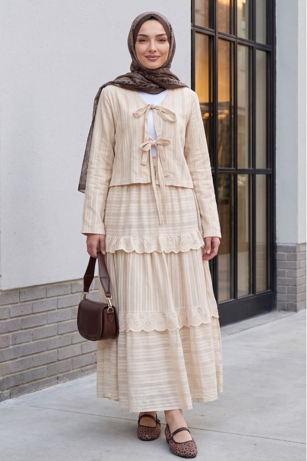 Front Tied Scallop Skirted Suit - Beige