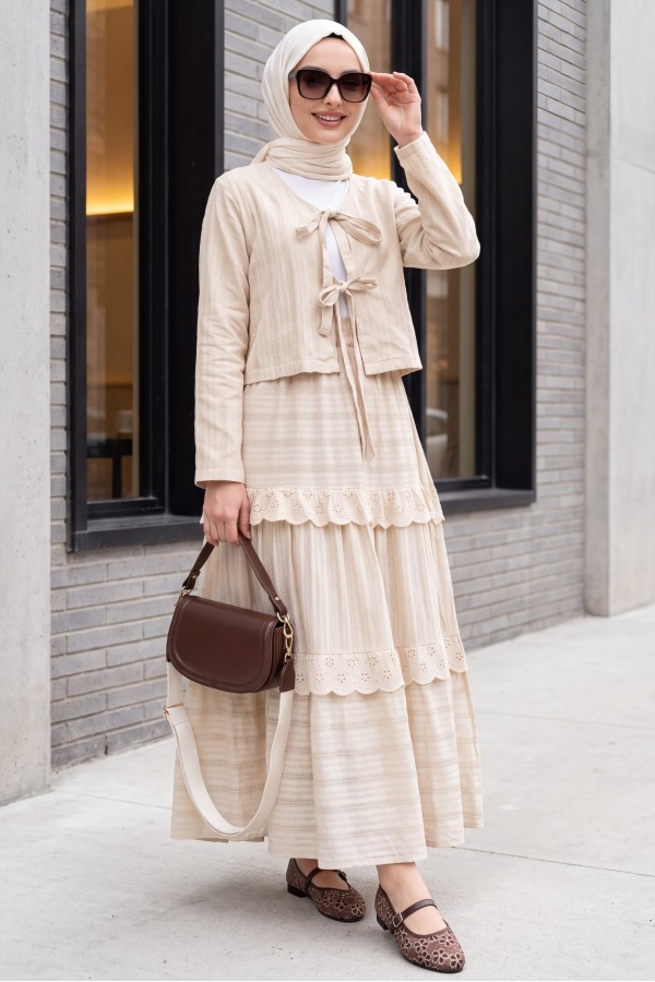 Front Tied Scallop Skirted Suit - Beige