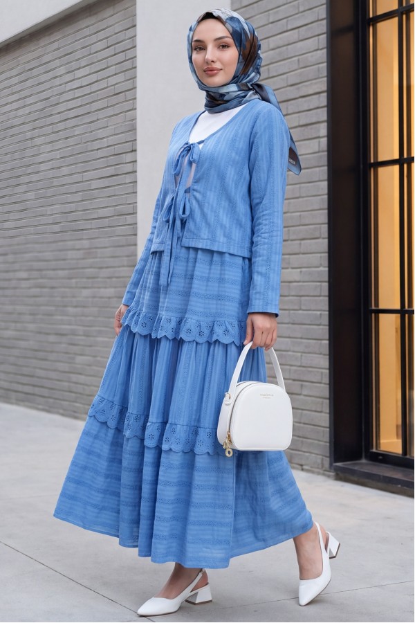 Front Tied Scallop Skirted Suit -Blue