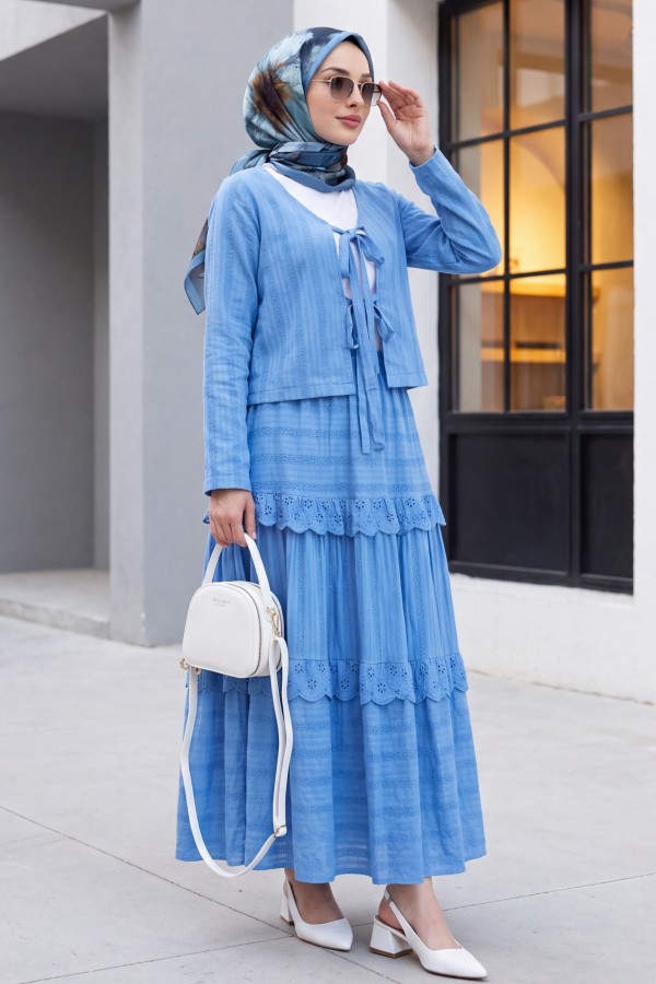 Front Tied Scallop Skirted Suit -Blue