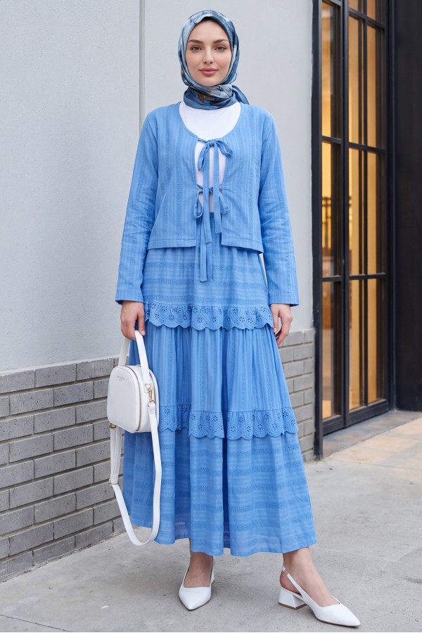 Front Tied Scallop Skirted Suit -Blue
