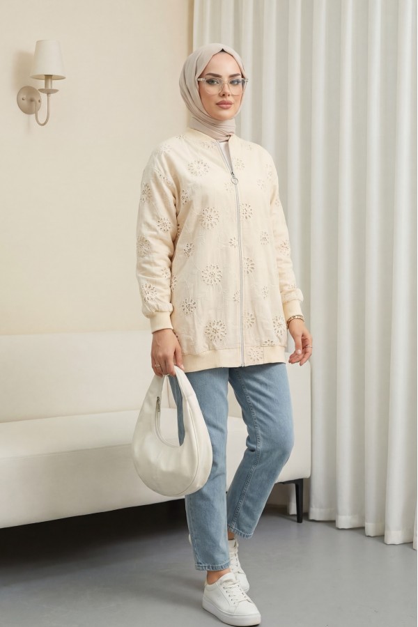 Zippered Lined Stone and Beaded Tunic - Beige