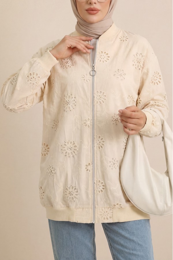 Zippered Lined Stone and Beaded Tunic - Beige
