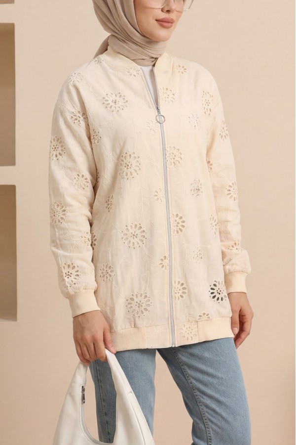 Zippered Lined Stone and Beaded Tunic - Beige