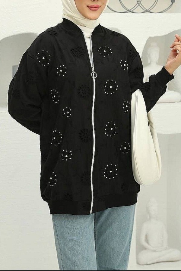 Zippered Lined Stone and Beaded Tunic -Black